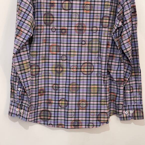 Bugatchi UOMO Button Down Dress Shirt Mens XL Purple Plaid w/ Circles Flip Cuff - Picture 4 of 10